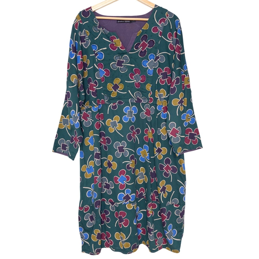 Gudrun Sjoden Green Organic Cotton Floral Beaded V-Neck Bubble Hem Dress Large